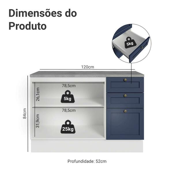 Balcão De Cozinha 120 Cm 2 Portas 3 Gavetas Branco/azul Vik Madesa - Image 10