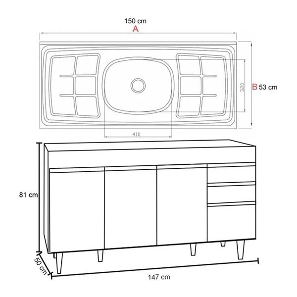 Balcão Gabinete Com Pia Inox 150cm Marrocos Preto/cinza - Lumil - Image 4