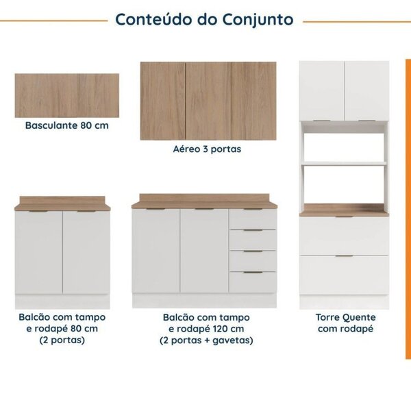 Cozinha Modulada 5 Peças 1 Tampo 2 Aéreos 2 Balcões 1 Torre Quente Ipanema Cabecasa Madeiraoriginals Branco/acácia - Image 9