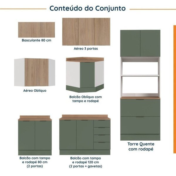Cozinha Modulada 7 Peças 1 Tampo 3 Aéreos 3 Balcões E Torre Quente Ipanema Cabecasa Madeiraoriginals Verde/amadeirado - Image 9