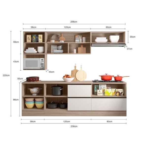 Cozinha Modulada Completa 7 Portas 4 Gavetas Com Balcão Para Cooktop Etna Carvalho Oak/off White - Image 6