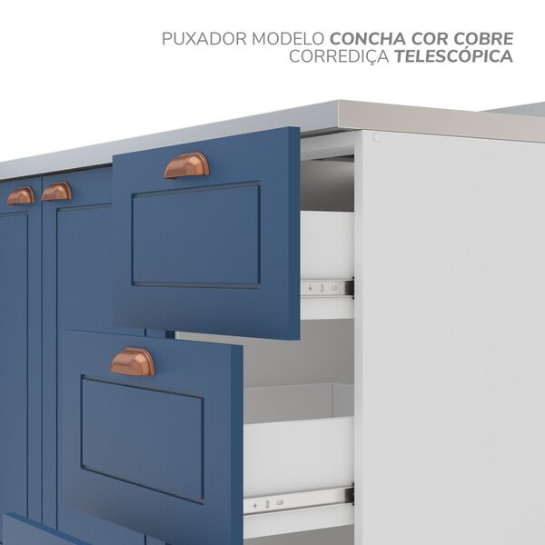 Cozinha Pérola Com Rodapé 5 Peças Torre Quente Aéreo 3 Portas Balcão 120 Balcão 80 E Basculante Yesc Branco/azul - Image 4