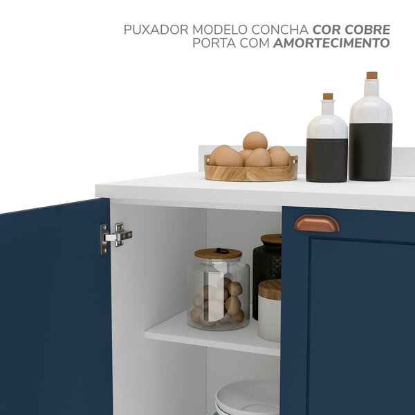 Cozinha Pérola Com Rodapé 5 Peças Torre Quente Aéreo 3 Portas Balcão 120 Balcão 80 E Basculante Yesc Branco/azul - Image 5