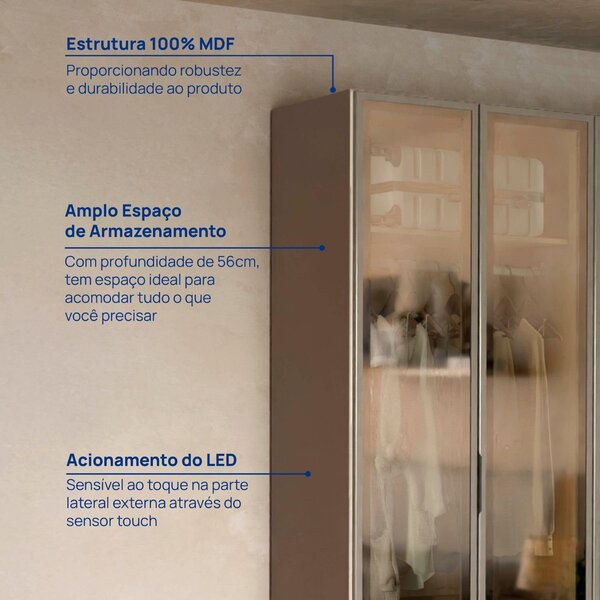 Guarda-roupa 6 Portas Reflecta Com Led 100% Mdf Orion Cabecasa Madeiraoriginals Mocha - Image 4