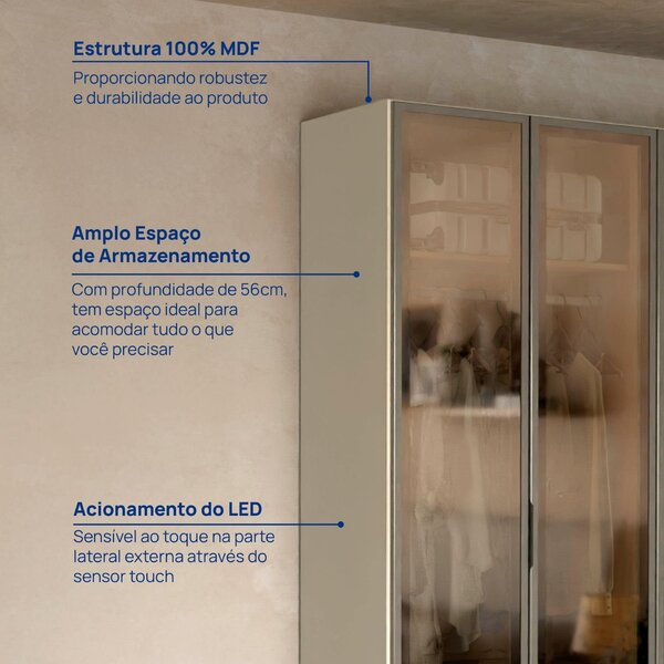 Guarda-roupa 6 Portas Reflecta Com Led 100% Mdf Orion Cabecasa Madeiraoriginals Aveia - Image 7
