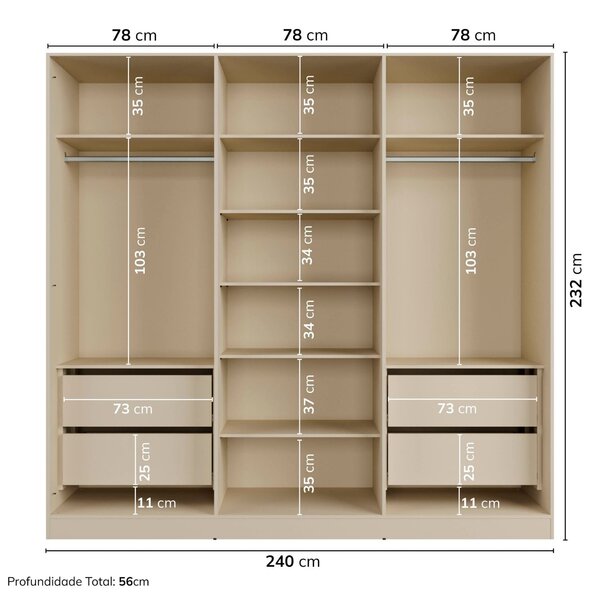Guarda-roupa 6 Portas Reflecta Com Led 100% Mdf Orion Cabecasa Madeiraoriginals Aveia - Image 8