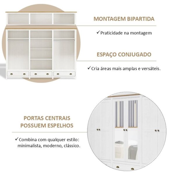 Guarda-roupa Bipartido 12 Portas 3 Gavetas Topázio 100% Madeira Maciça Branco /freijó - Image 4