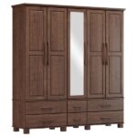 Guarda-roupa Bipartido 5 Portas 6 Gavetas Ouro Café Madeira Pinus - Finestra - Image 4