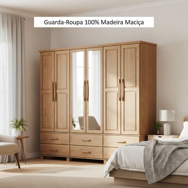 Guarda-roupa Bipartido 6 Portas 6 Gavetas 100% Madeira Maciça Linha Ouro Freijó - Image 3