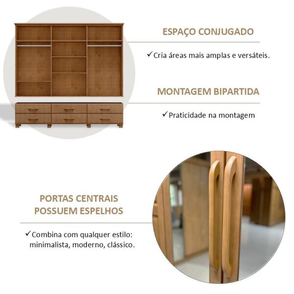 Guarda-roupa Bipartido 6 Portas 6 Gavetas 100% Madeira Maciça Linha Ouro Freijó - Image 8