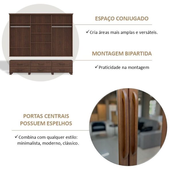 Guarda-roupa Bipartido 6 Portas 6 Gavetas 100% Madeira Maciça Linha Ouro Café - Image 4