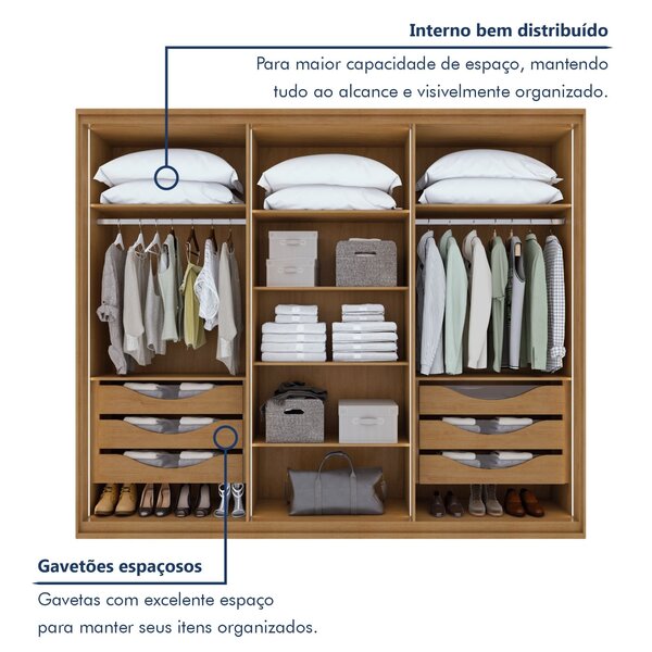 Guarda-roupa Casal Reflecta Com Led 6 Portas 100% Mdf Solaris Amêndoa Clean - Image 5