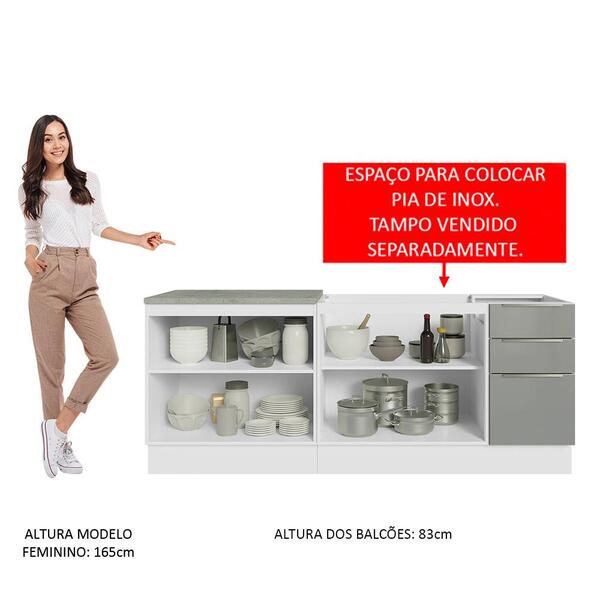 Kit Com 2 Balcões De Cozinha Madesa Lux 4 Portas 3 Gavetas (sem Tampo E Pia) - Branco/cinza - Image 7