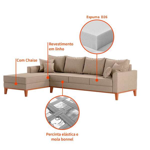 Sofá 4 Lugares Beny Com Chaise Esquerdo Linho Bege - Image 4