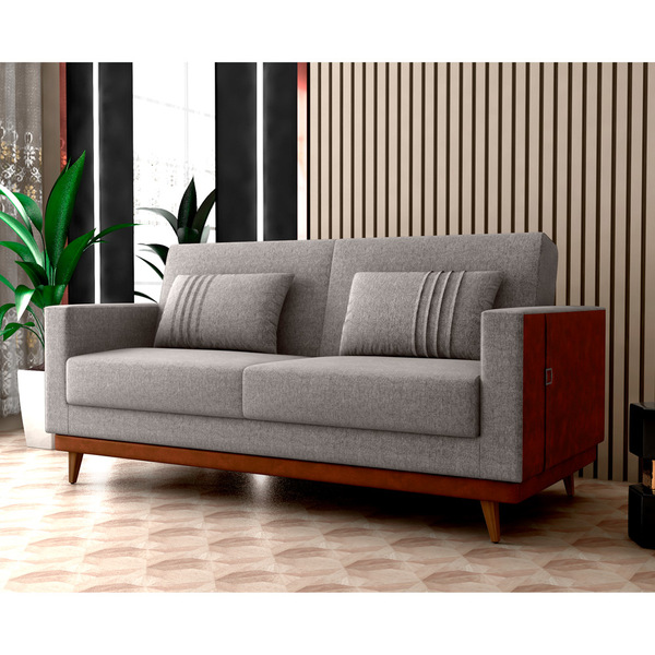 Sofá Cama Pala 203cm Reclinável Courino Marrom | Linho Cinza Claro - Sallar Home - Image 5
