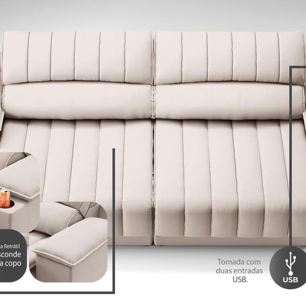 Sofá Com Porta Copos E Carregador Usb Retrátil E Reclinável Murano 2,00m Velosuede Areia - Image 3
