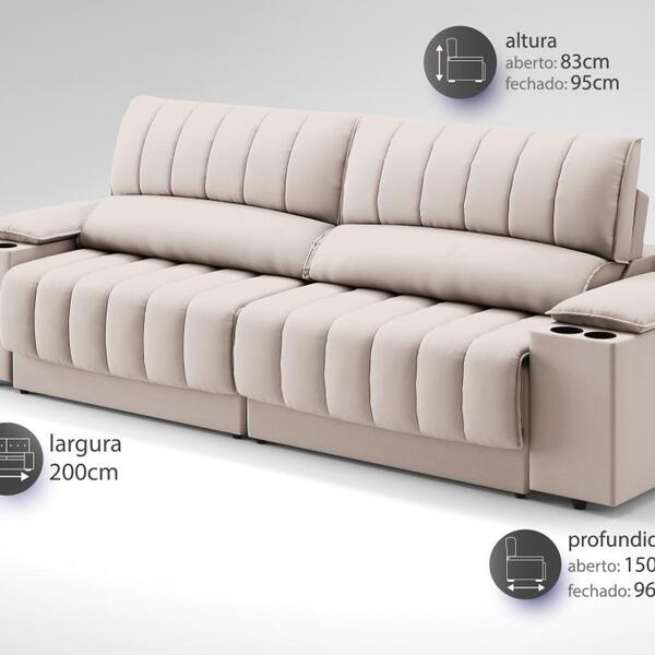 Sofá Com Porta Copos E Carregador Usb Retrátil E Reclinável Murano 2,00m Velosuede Areia - Image 6