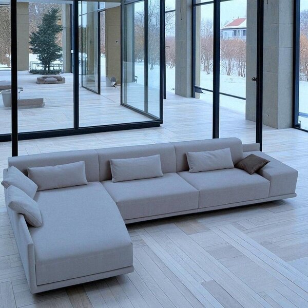 Sofá De Canto 5 Lugares Com Chaise Revestimento Em Sarja 336x74cm Cinza Médio - Image 3